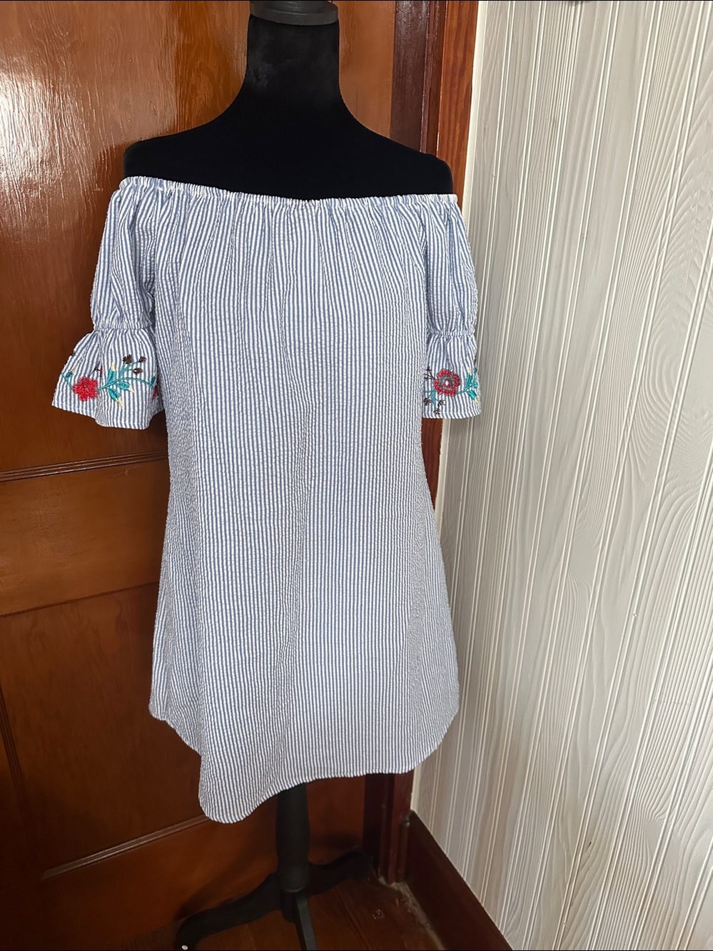 Blue & White Striped Off-Shoulder Mini dress
